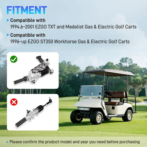 Golf Cart Steering Gear Box Assembly And Steering Rack Replacement Fits TXT Medalist 1994.6 Through 2001 And ST350 Workhorse 1996 And Up Gas Or Electric Models Replaces 70314G01 70314G02 70723G02 shown with compatible and incompatible options next to a golf cart on grass.
