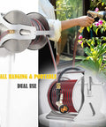 Heavy Duty Garden Hose Reel With Wall Mount Cart Runs Like A Charm For Outdoor Yard Water Storage Holds Up To 131 Feet with hose and spray nozzle.