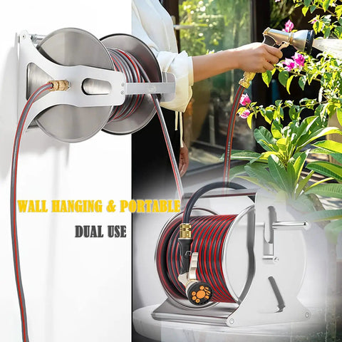 Heavy Duty Garden Hose Reel With Wall Mount Cart Runs Like A Charm For Outdoor Yard Water Storage Holds Up To 131 Feet with hose and spray nozzle.