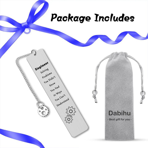 Funny Engineer Gift For Engineers And Students featuring stainless steel bookmark and velvet pouch with inspirational quote and gear charm.
