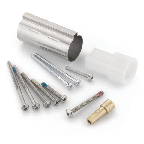 One Inch Handle Extension For Posi Temp Single Handle Tub And Shower Faucets Chrome Finish Upgrade DIY Friendly Easy Install Replacement Part For Tub And Shower Fits Posi Temp Systems with screws and fittings displayed.