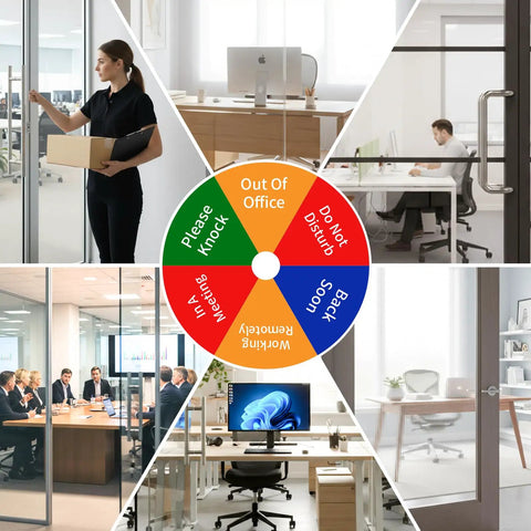 Rotating 6 In 1 Privacy Door Sign for Office and Home displayed in an office setting with multiple status options visible.