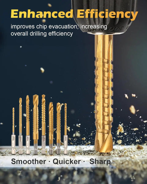 Titanium Coated HSS Twist Drill Bits Set, 8 piece hex shank with serrated cutting, sizes 3mm to 10mm, shown in drilling action