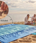 Family on beach with Oversized Sandproof Beach Blanket 10x9 for 2 to 8 adults, quick dry mat with stakes in sand, sunset view