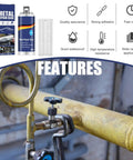 Metal Repair Glue For Casting And Welding Filler, High Temp Resistant Liquid Metal Adhesive That Fixes Defects, Tough As Nails Repair Solution Softenable In Hot Water, 100g XY0096-F displayed with product features and pipe application