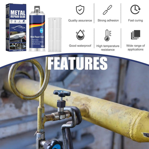 Metal Repair Glue For Casting And Welding Filler, High Temp Resistant Liquid Metal Adhesive That Fixes Defects, Tough As Nails Repair Solution Softenable In Hot Water, 100g XY0096-F displayed with product features and pipe application