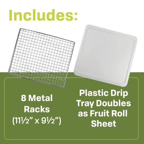 Top Shelf Eight Tray Stainless Steel Food Dehydrator Running Smooth With Digital Timer And Adjustable Temp Control, includes 8 metal racks and plastic drip tray.