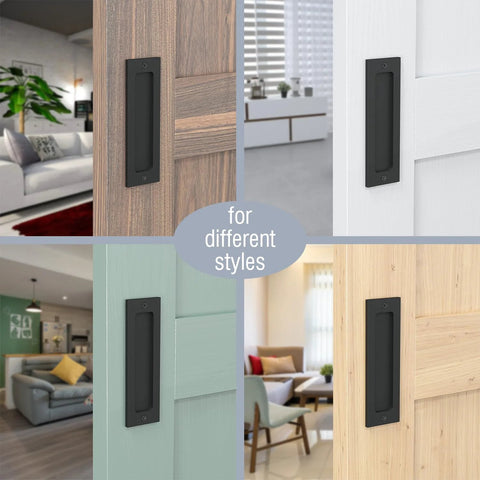 6 Inch Finger Flush Pulls For Closet Pocket Doors And Sliding Barn Doors Set In Matte Black Recessed Rectangle Plates on various doors