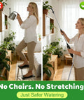 Woman using High Reach Plant Waterer With Type C Wireless Wand next to image of her on a step stool, showing ease of use without ladder.