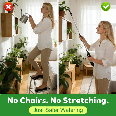 Woman using High Reach Plant Waterer With Type C Wireless Wand next to image of her on a step stool, showing ease of use without ladder.