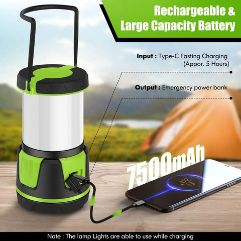Beast Bright 3000 Lumen Rechargeable Lantern With 5 Light Modes, IP54 Waterproof, 7500mAh Battery next to charging smartphone, green