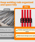 Before and after of welding rod clutter with Welding Electrode Storage Wall Mount Organizer With Four Tube Rod Rack Pro Grade Heavy Duty