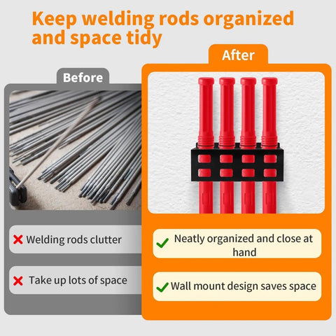 Before and after of welding rod clutter with Welding Electrode Storage Wall Mount Organizer With Four Tube Rod Rack Pro Grade Heavy Duty