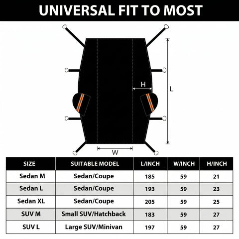 Universal size guide for Half Car Cover For SUVs With Cotton Liner Hail Protector Sunroof And Windshield Cover All Season Weatherproof Vehicle Shield For Sun Rain Dust Fits Large SUV L