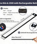 LED Motion Sensor Under Cabinet Lights 2 Pack With Ultra Thin Magnetic Closet Design 69 LEDs Wireless Battery Operated 2200mAh Rechargeable Power Black showing dimensions and features