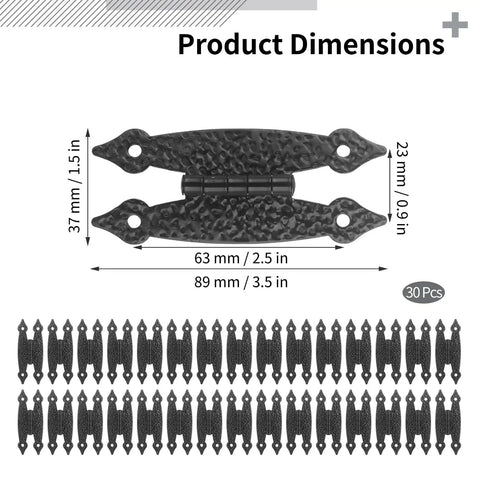 Dimensions of 30 Pack H Hinges in Vintage Black Antique Finish with Retro Vibe, 3.5 inch metal cabinet hinges shown