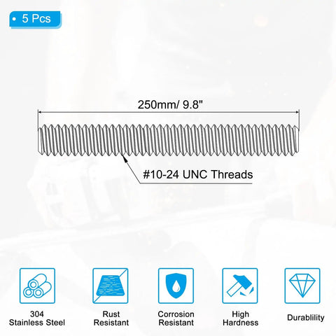 Built Tough 304 Stainless Steel Fully Threaded Rod Ten Twenty Four UNC Thread Size 9.8 Inch Long Five Pack diagram