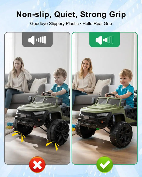 Real Rubber Tire Upgrade Kit for Power Wheels Kids Ride On Cars comparison before and after anti slip tires with quieter ride