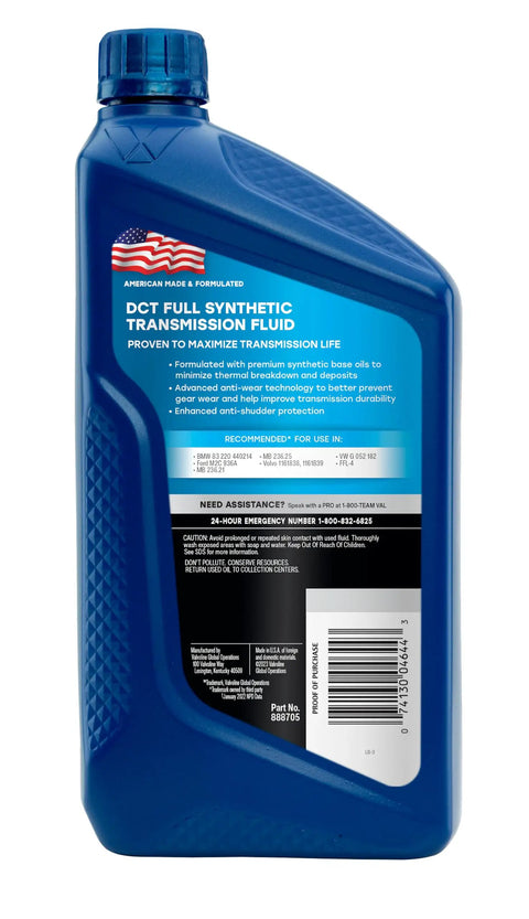 Label of Dual Clutch Transmission Fluid For Smoother Shifts And Anti Shudder Protection, Tough As Nails Anti Wear Formula bottle