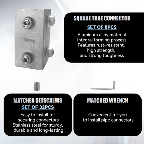 Boss Grade 25Mm Square Tube Connectors 8 Piece Set Dang Tough aluminum alloy connector with setscrew and wrench for DIY frame assembly.