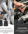Mechanic using 26 Piece Impact Bolt And Nut Remover Kit with Spiral Screw Extractor and 3 8 Drive Drill Bit on car wheel.