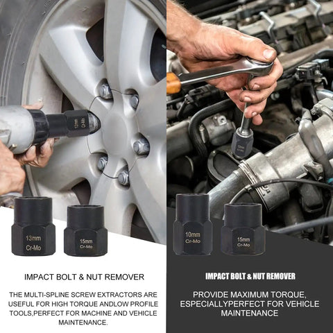 Mechanic using 26 Piece Impact Bolt And Nut Remover Kit with Spiral Screw Extractor and 3 8 Drive Drill Bit on car wheel.