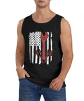 Hella Comfy Mens Tank Top With Dope American Flag Print And Super Breathable Sleeveless Tee For Kickass Gym Sessions shown on man.