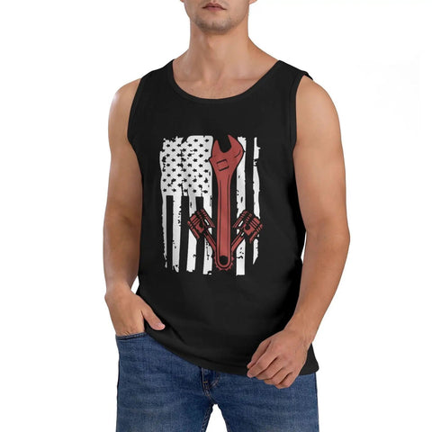 Hella Comfy Mens Tank Top With Dope American Flag Print And Super Breathable Sleeveless Tee For Kickass Gym Sessions shown on man.