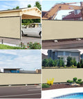 Beige Privacy Fence Screen With Grommets 8 Foot By 50 Foot Outdoor Windscreen for Backyard and Patio UV Blocking Shield in various settings