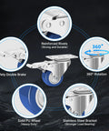 Diagram of 2 Inch Stainless Steel Castors With Brakes, Set Of 4, 304 Stainless Steel Heavy Duty Caster Wheels with features highlighted.