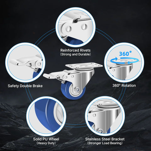 Diagram of 2 Inch Stainless Steel Castors With Brakes, Set Of 4, 304 Stainless Steel Heavy Duty Caster Wheels with features highlighted.