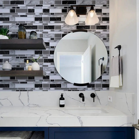 Bathroom with black and white tile using Peel And Stick Backsplash Wallpaper For Kitchen 17.7 Inch By 393.7 Inch Tile Contact Paper.