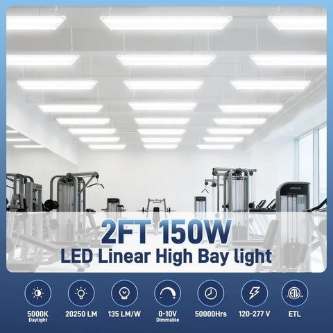 Two Pack 2Ft 150W LED Linear High Bay Shop Light That Burns Bright With 20250 Lumens 135 LM Per W 100 277V 0 10V Dim 5000K Daylight Hanging Light For Warehouse And Workshop ETL Listed illuminating a large indoor area with gym equipment