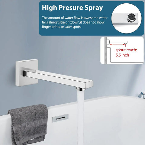 Polished Chrome Tub And Shower Faucet Set With Eight Inch Rain Shower Head Wall Mounted High Pressure Shower System Tub Spout Trim Kit With Rough In Mixer Valve Easy DIY Install featuring a high pressure spray and 5.5 inch spout reach.