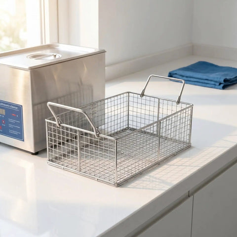Heavy Duty Stainless Steel Cleaning Basket For Ultrasonic Cleaner on a countertop beside a machine, designed for delicate items.