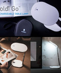 Foldi Go Portable Table Lamp with Carry Case, White, ideal for crafts and travel, shown compact on table and fully extended on wall.