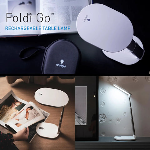 Foldi Go Portable Table Lamp with Carry Case, White, ideal for crafts and travel, shown compact on table and fully extended on wall.