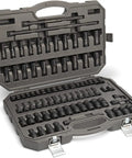 65 Piece 1/2 Inch Drive Impact Socket Set Standard And Deep SAE And MM Off Corner Loading in open case with black oxide finish