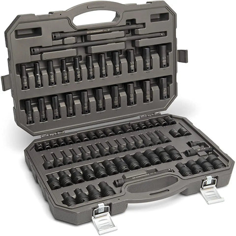 65 Piece 1/2 Inch Drive Impact Socket Set Standard And Deep SAE And MM Off Corner Loading in open case with black oxide finish