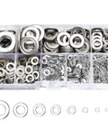 Stainless steel flat washers set, 800 pcs in a clear 9-compartment organizer; sizes M2–M12.