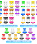 Heavy Duty Car Fuses Assortment Kit With Standard Mini And Low Profile Blades From 2A To 40A, colorful fuses in various sizes and ratings.