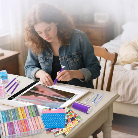 Woman using All-Inclusive Diamond Painting Tool Kit With A4 LED Light Pad Bracket Convex Point Pen Anti-Slip Holder on table