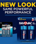 Comparison of old and new Rayovac C2 battery packaging, featuring durable long-lasting C cell alkaline batteries.