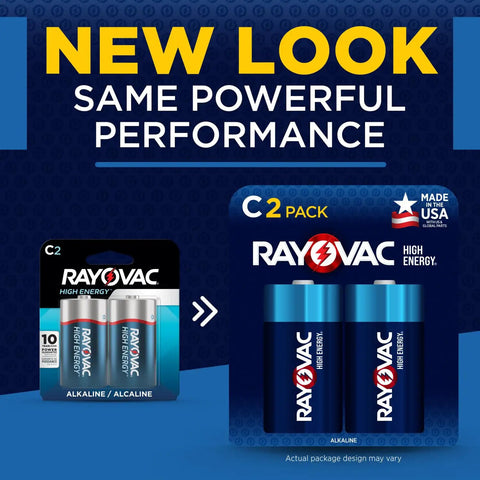 Comparison of old and new Rayovac C2 battery packaging, featuring durable long-lasting C cell alkaline batteries.