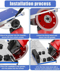 Installation process of Adjustable 45 Degree Tile Chamfering Tool with Angle Grinder Stand and Attachments.