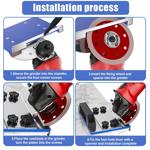 Installation process of Adjustable 45 Degree Tile Chamfering Tool with Angle Grinder Stand and Attachments.
