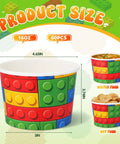 Snag This Bulk 60 Pack Disposable Paper Cups Building Block Ice Cream Bowls 16 Oz Capacity For Party Ready Vibes And Snack Time Ease No Hassle Grip Design Keeps Gatherings Chill And Super Clean, featuring colorful design, size dimensions, and 16oz capacity.