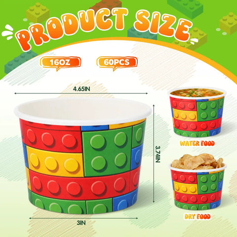 Snag This Bulk 60 Pack Disposable Paper Cups Building Block Ice Cream Bowls 16 Oz Capacity For Party Ready Vibes And Snack Time Ease No Hassle Grip Design Keeps Gatherings Chill And Super Clean, featuring colorful design, size dimensions, and 16oz capacity.