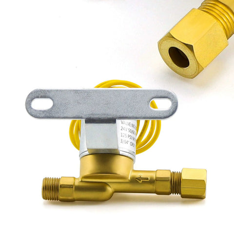 Brass humidifier solenoid valve with yellow coil and mounting bracket, 24V