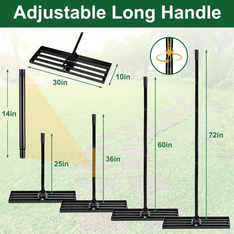 Heavy Duty Folding Lawn Leveling Rake 30x10, Adjustable 25 To 72 Inch Long Handle; diagram showing size and extension options.